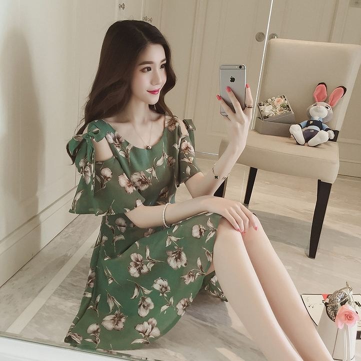 レディース　ワンピース　シフォン　ミニドレス　半袖　花柄　総柄　オープンショルダー　ラウンドネック　きれいめ　大きいサイズ　カジュアル　清楚　エレガント　大人可愛い　フェミニン　オフィス　デート　お出かけ　フォーマル　グリーン　ブラック　送料無料