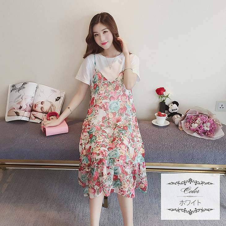 レディース　セットアップ　ノースリーブ　ワンピース　シフォン　ミモレ丈　花柄　総柄　ミニドレス　半袖　Tシャツ　無地　ラウンドネック　きれいめ　大きいサイズ　清楚　エレガント　大人可愛い　フェミニン　オフィス　デート　お出かけ　ブラック　ホワイト　送料無料