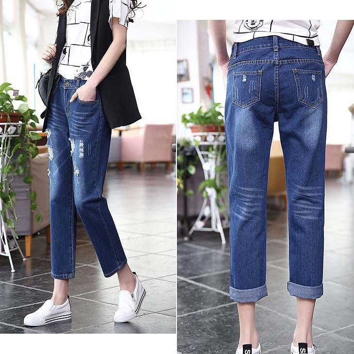 レディース　ボトムス　デニムパンツ　ダメージ　ジーンズ　ロールアップ　アンクル丈　無地　春夏　カジュアル　シンプル　美脚　脚長　ストレート　デイリー　お出かけ　デート　ネイビー　ブルー　送料無料