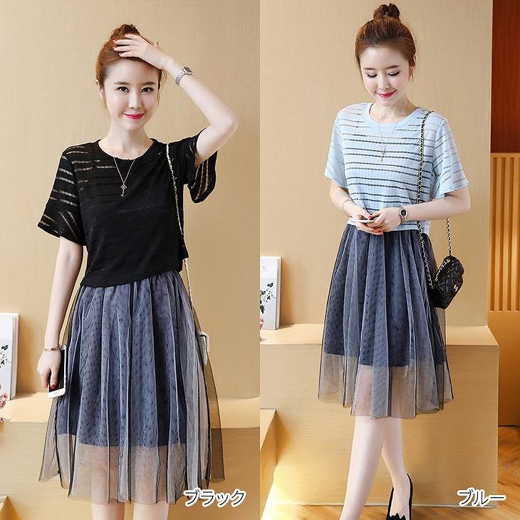 レディース　ツーピースドレス　シフォン　キャミソールワンピース　ミディ丈　無地　ミニドレス　半袖　カットソー　ボーダー　ラウンドネック　きれいめ　大きいサイズ　清楚　エレガント　大人可愛い　フェミニン　オフィス　デート　ブラック　ブルー　送料無料