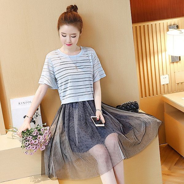 レディース　ツーピースドレス　シフォン　キャミソールワンピース　ミディ丈　無地　ミニドレス　半袖　カットソー　ボーダー　ラウンドネック　きれいめ　大きいサイズ　清楚　エレガント　大人可愛い　フェミニン　オフィス　デート　ブラック　ブルー　送料無料