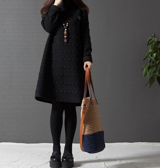 レディース　ワンピース　長袖　ミモレ丈　無地　もこもこ　暖かい　秋冬　キュート　大きいサイズ　シック　フェミニン　オフィス　デート　お出かけ　デイリー　ブラック　グレー　レッド　送料無料