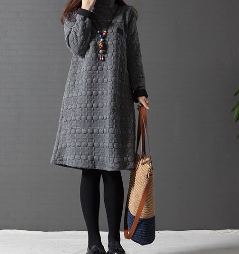 レディース　ワンピース　長袖　ミモレ丈　無地　もこもこ　暖かい　秋冬　キュート　大きいサイズ　シック　フェミニン　オフィス　デート　お出かけ　デイリー　ブラック　グレー　レッド　送料無料