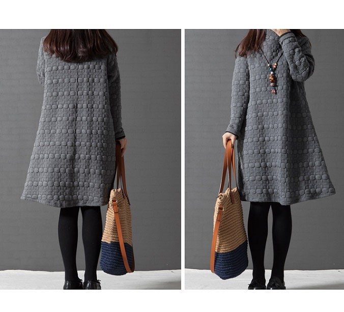 レディース　ワンピース　長袖　ミモレ丈　無地　もこもこ　暖かい　秋冬　キュート　大きいサイズ　シック　フェミニン　オフィス　デート　お出かけ　デイリー　ブラック　グレー　レッド　送料無料