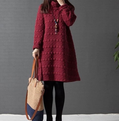 レディース　ワンピース　長袖　ミモレ丈　無地　もこもこ　暖かい　秋冬　キュート　大きいサイズ　シック　フェミニン　オフィス　デート　お出かけ　デイリー　ブラック　グレー　レッド　送料無料