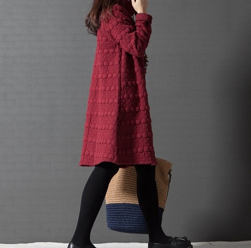 レディース　ワンピース　長袖　ミモレ丈　無地　もこもこ　暖かい　秋冬　キュート　大きいサイズ　シック　フェミニン　オフィス　デート　お出かけ　デイリー　ブラック　グレー　レッド　送料無料