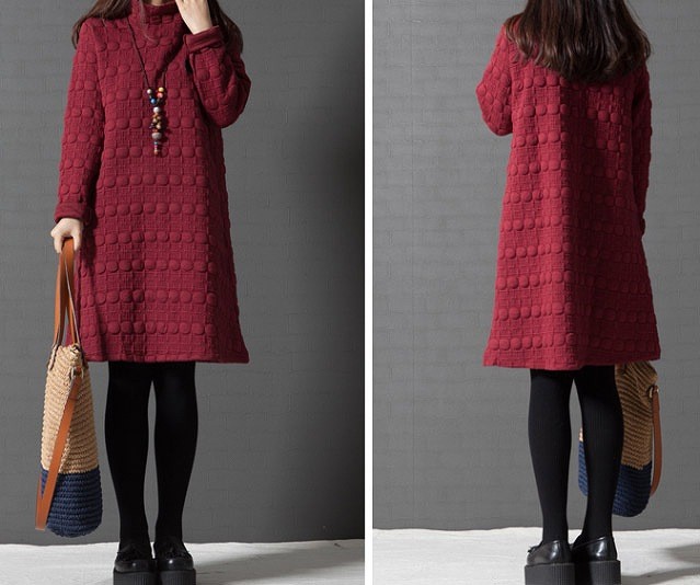 レディース　ワンピース　長袖　ミモレ丈　無地　もこもこ　暖かい　秋冬　キュート　大きいサイズ　シック　フェミニン　オフィス　デート　お出かけ　デイリー　ブラック　グレー　レッド　送料無料