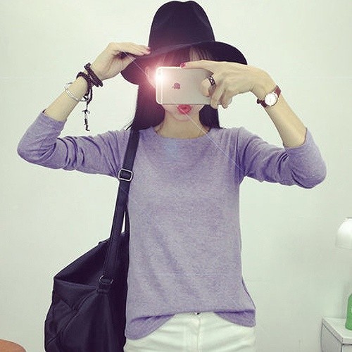 レディース　トップス　Tシャツ　無地　カットソー　ラウンドネック　定番　長袖　シンプル　大きいサイズ　カジュアル　大人可愛い　フェミニン　オフィス　通勤　OL　デート　お出かけ　パープル　レッド　グレー　ダークグレー　ブラック　送料無料