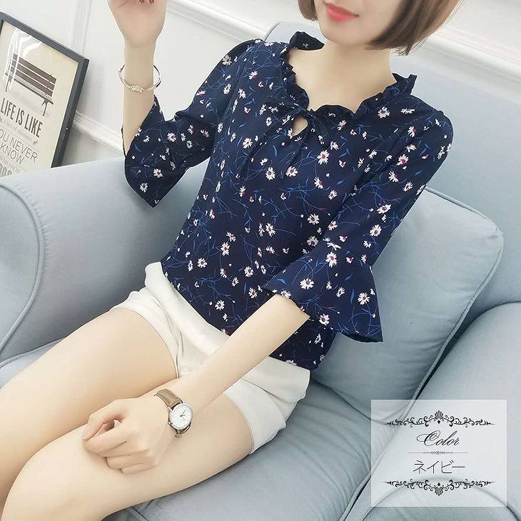 レディース　トップス　カットソー　シフォン　7分袖　小花柄　総柄　ベルスリーブ　ラウンドネック　きれいめ　大きいサイズ　カジュアル　大人可愛い　エレガント　フェミニン　オフィス　デート　お出かけ　フォーマル　ネイビー　イエロー　ホワイト　送料無料