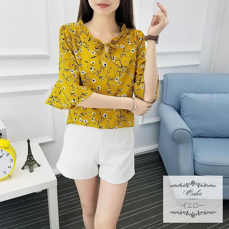 レディース　トップス　カットソー　シフォン　7分袖　小花柄　総柄　ベルスリーブ　ラウンドネック　きれいめ　大きいサイズ　カジュアル　大人可愛い　エレガント　フェミニン　オフィス　デート　お出かけ　フォーマル　ネイビー　イエロー　ホワイト　送料無料