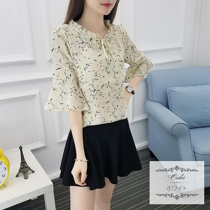 レディース　トップス　カットソー　シフォン　7分袖　小花柄　総柄　ベルスリーブ　ラウンドネック　きれいめ　大きいサイズ　カジュアル　大人可愛い　エレガント　フェミニン　オフィス　デート　お出かけ　フォーマル　ネイビー　イエロー　ホワイト　送料無料