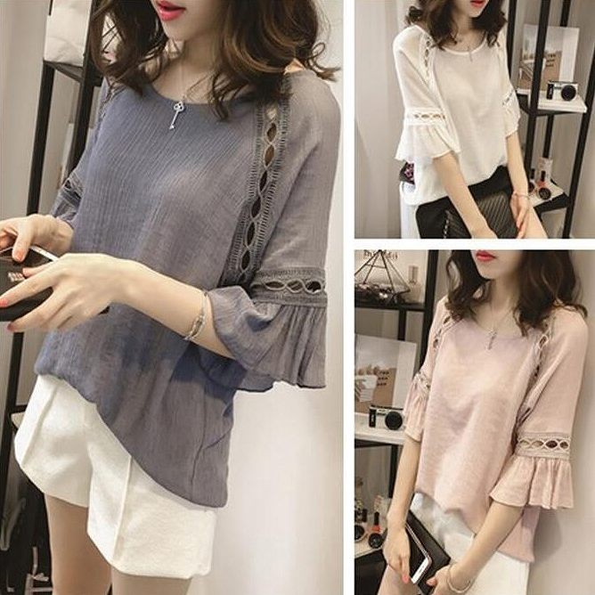 レディース　トップス　カットソー　シフォン　7分袖　無地　ベルスリーブ　ラウンドネック　きれいめ　大きいサイズ　カジュアル　大人可愛い　エレガント　フェミニン　オフィス　デート　お出かけ　フォーマル　グレー　ホワイト　ピンク　送料無料
