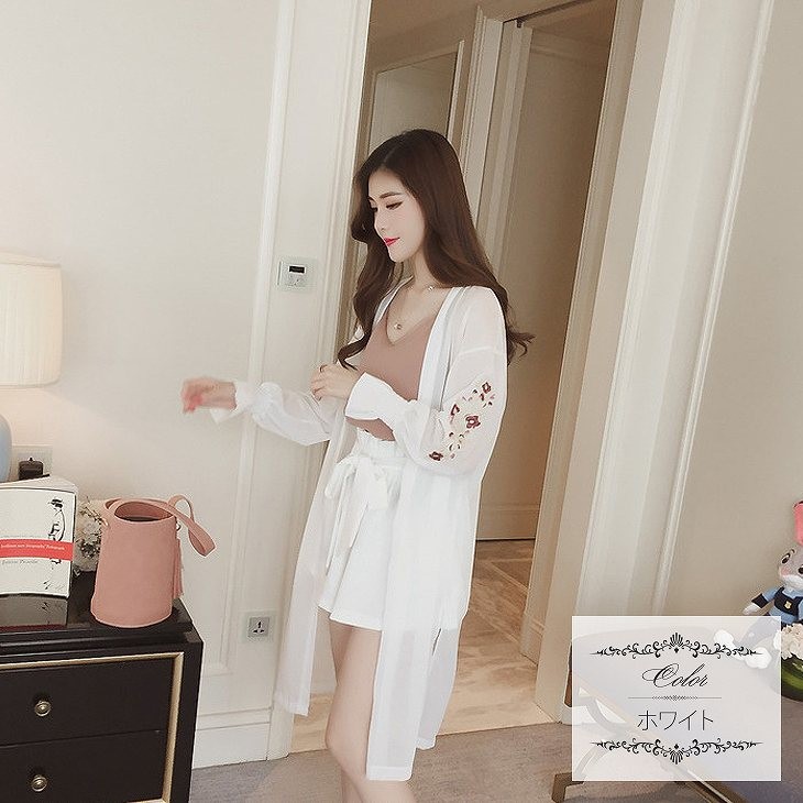 レディース　トップス　ロングカーディガン　コーディガン　シフォン　薄手　長袖　刺繍　カジュアル　大きいサイズ　大人可愛い　フェミニン　デート　お出かけ　デイリー　ホワイト　ブラック　ピンク　送料無料