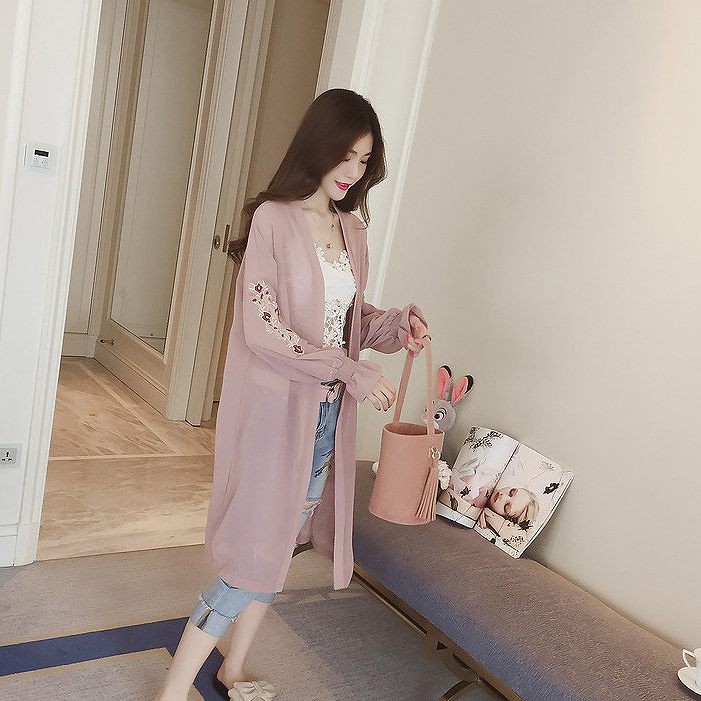 レディース　トップス　ロングカーディガン　コーディガン　シフォン　薄手　長袖　刺繍　カジュアル　大きいサイズ　大人可愛い　フェミニン　デート　お出かけ　デイリー　ホワイト　ブラック　ピンク　送料無料