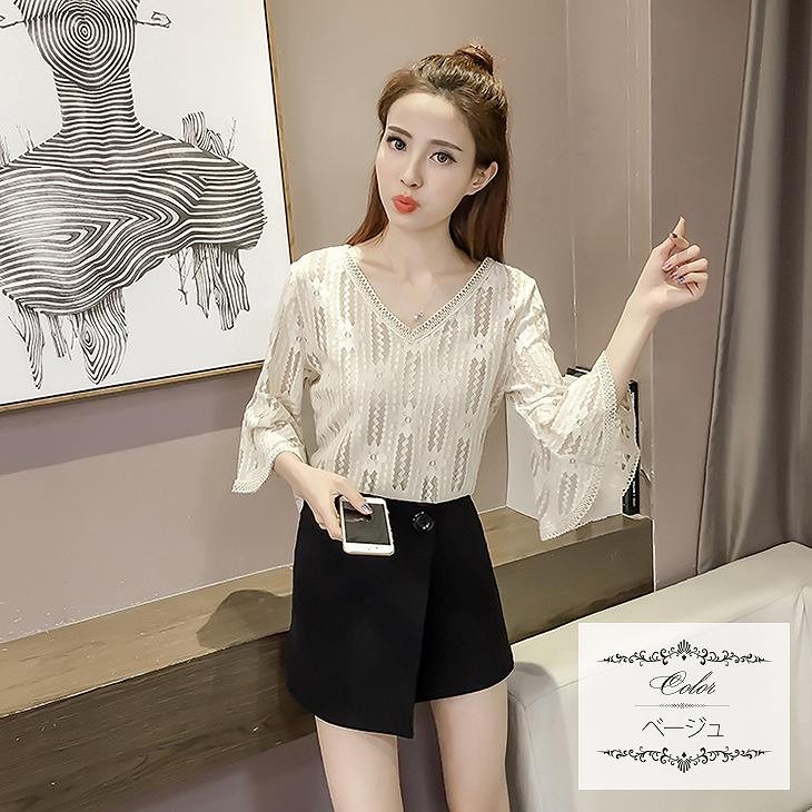 レディース　トップス　カットソー　レース　7分袖　無地　ベルスリーブ　Vネック　きれいめ　大きいサイズ　カジュアル　大人可愛い　エレガント　フェミニン　オフィス　デート　お出かけ　フォーマル　ベージュ　ホワイト　送料無料