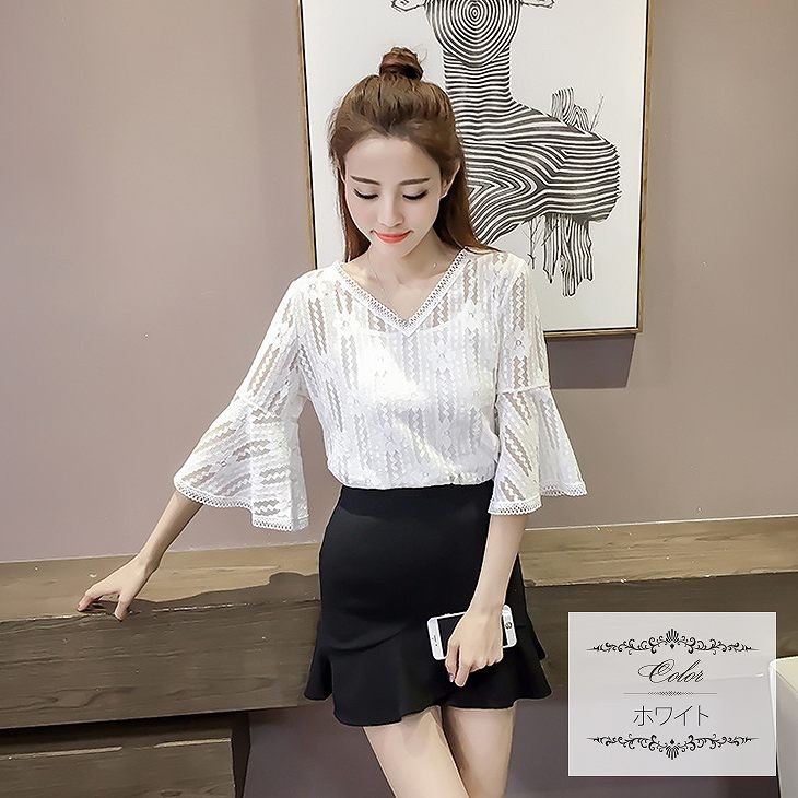 レディース　トップス　カットソー　レース　7分袖　無地　ベルスリーブ　Vネック　きれいめ　大きいサイズ　カジュアル　大人可愛い　エレガント　フェミニン　オフィス　デート　お出かけ　フォーマル　ベージュ　ホワイト　送料無料