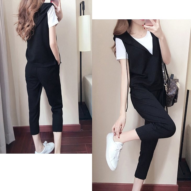 レディース　セットアップ　深Vネック　フード付ベスト　半袖　Tシャツ　アンクル丈　パンツ　無地　ラウンドネック　きれいめ　大きいサイズ　カジュアル　清楚　エレガント　大人可愛い　フェミニン　オフィス　デート　お出かけ　ブラック×ホワイト　送料無料