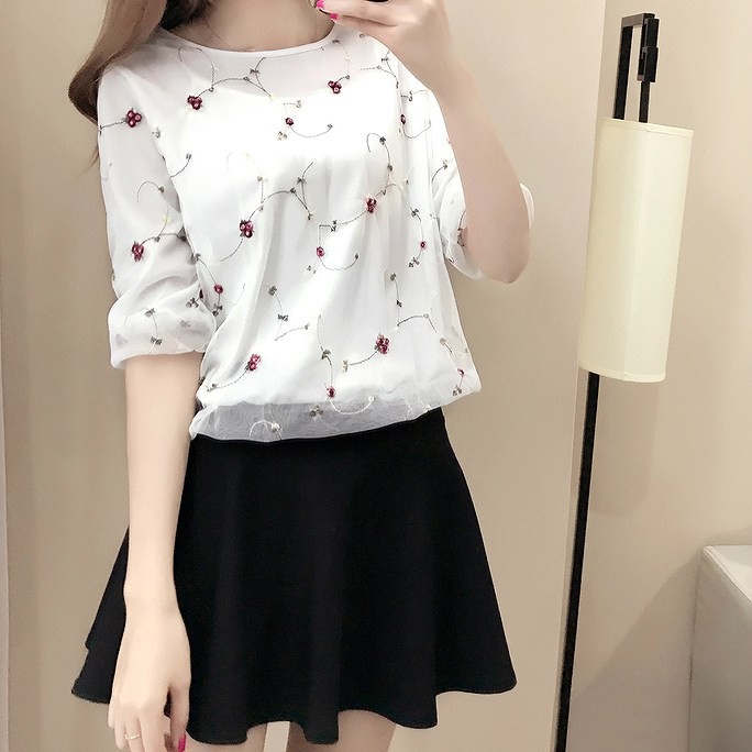 レディース　ツーピースドレス　シフォン　Aライン　ミニスカート　無地　総柄　半袖　カットソー　小花柄　ラウンドネック　きれいめ　大きいサイズ　清楚　エレガント　大人可愛い　フェミニン　オフィス　デート　お出かけ　ホワイト×ブラック　送料無料