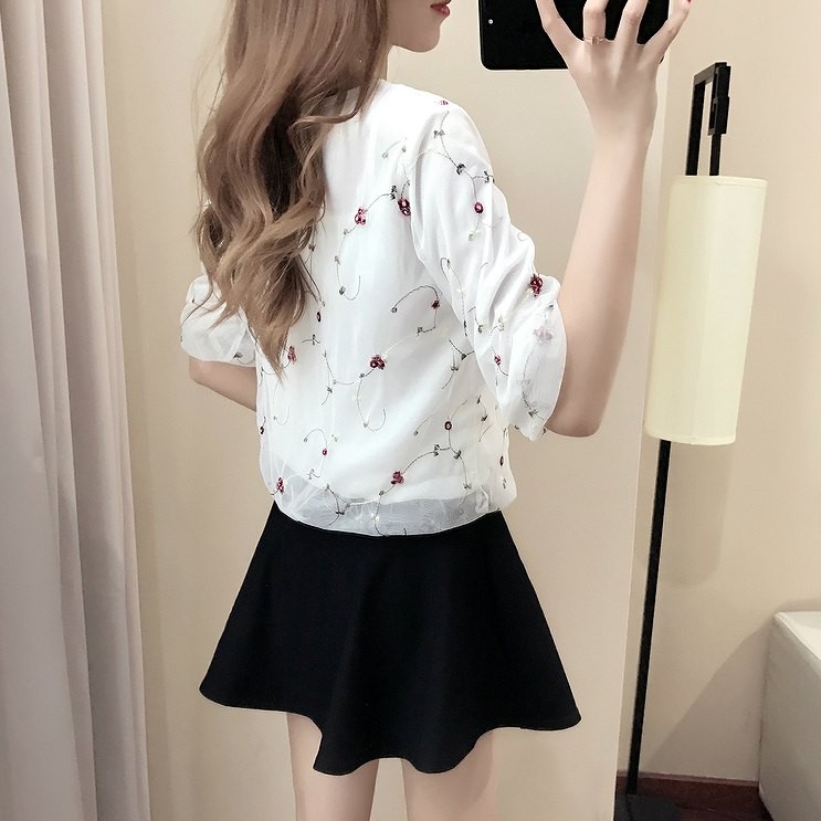 レディース　ツーピースドレス　シフォン　Aライン　ミニスカート　無地　総柄　半袖　カットソー　小花柄　ラウンドネック　きれいめ　大きいサイズ　清楚　エレガント　大人可愛い　フェミニン　オフィス　デート　お出かけ　ホワイト×ブラック　送料無料