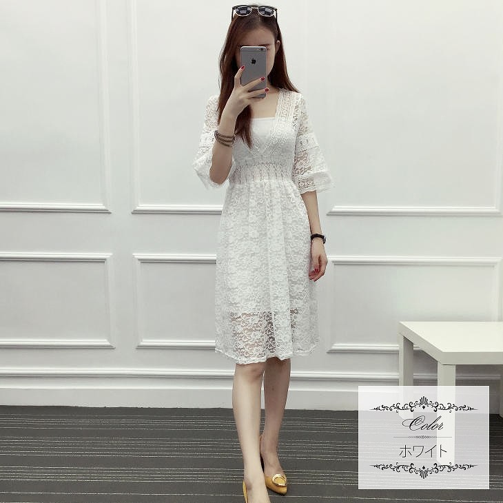 レディース　総レース　7分袖　ワンピース　ミディ丈　無地　Vネック　きれいめ　大きいサイズ　セクシー　大人可愛い　パーティ　結婚式　2次会　女子会　お呼ばれ　フォーマル　フェミニン　デート　お出かけ　ホワイト　グリーン　ブラック　送料無料