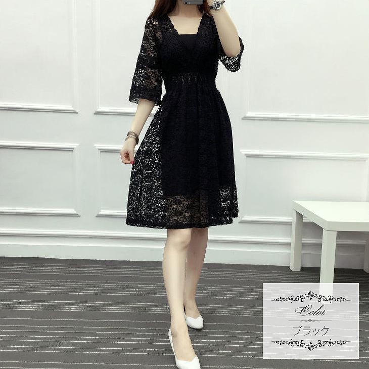 レディース　総レース　7分袖　ワンピース　ミディ丈　無地　Vネック　きれいめ　大きいサイズ　セクシー　大人可愛い　パーティ　結婚式　2次会　女子会　お呼ばれ　フォーマル　フェミニン　デート　お出かけ　ホワイト　グリーン　ブラック　送料無料