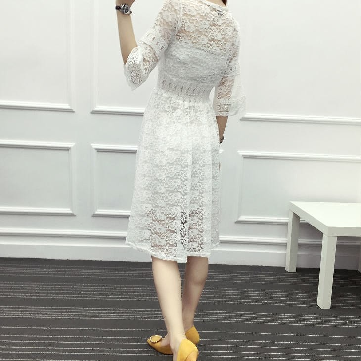 レディース　総レース　7分袖　ワンピース　ミディ丈　無地　Vネック　きれいめ　大きいサイズ　セクシー　大人可愛い　パーティ　結婚式　2次会　女子会　お呼ばれ　フォーマル　フェミニン　デート　お出かけ　ホワイト　グリーン　ブラック　送料無料
