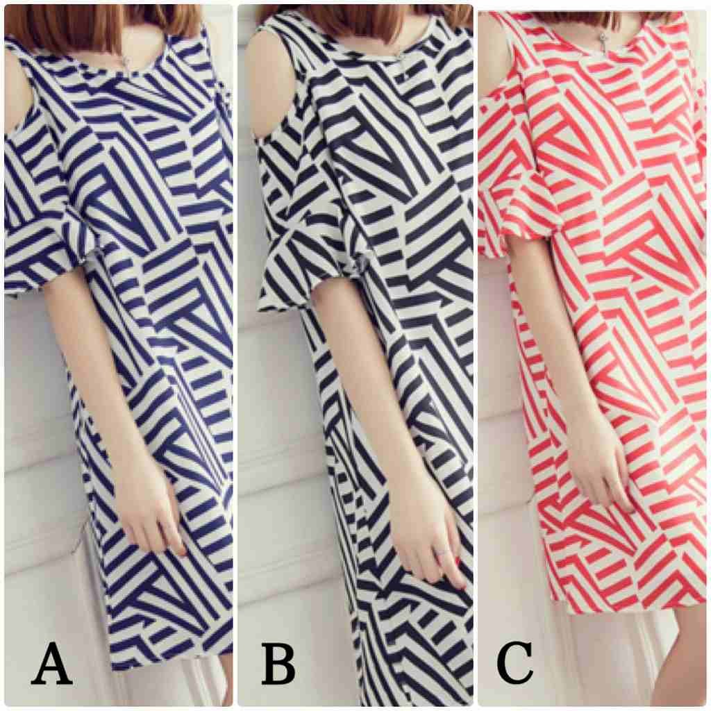 レディース　ワンピース　フレアスリーブ　ショルダーカット　ラウンドネック　カジュアル　キュート　フェミニン　セクシー　きれいめ　上品　エレガント　おしゃれ　お出かけ　お呼ばれ　レッド　ブラック　ネイビー　赤　黒　紺色　S　M　L　XL　サイズ　送料無料