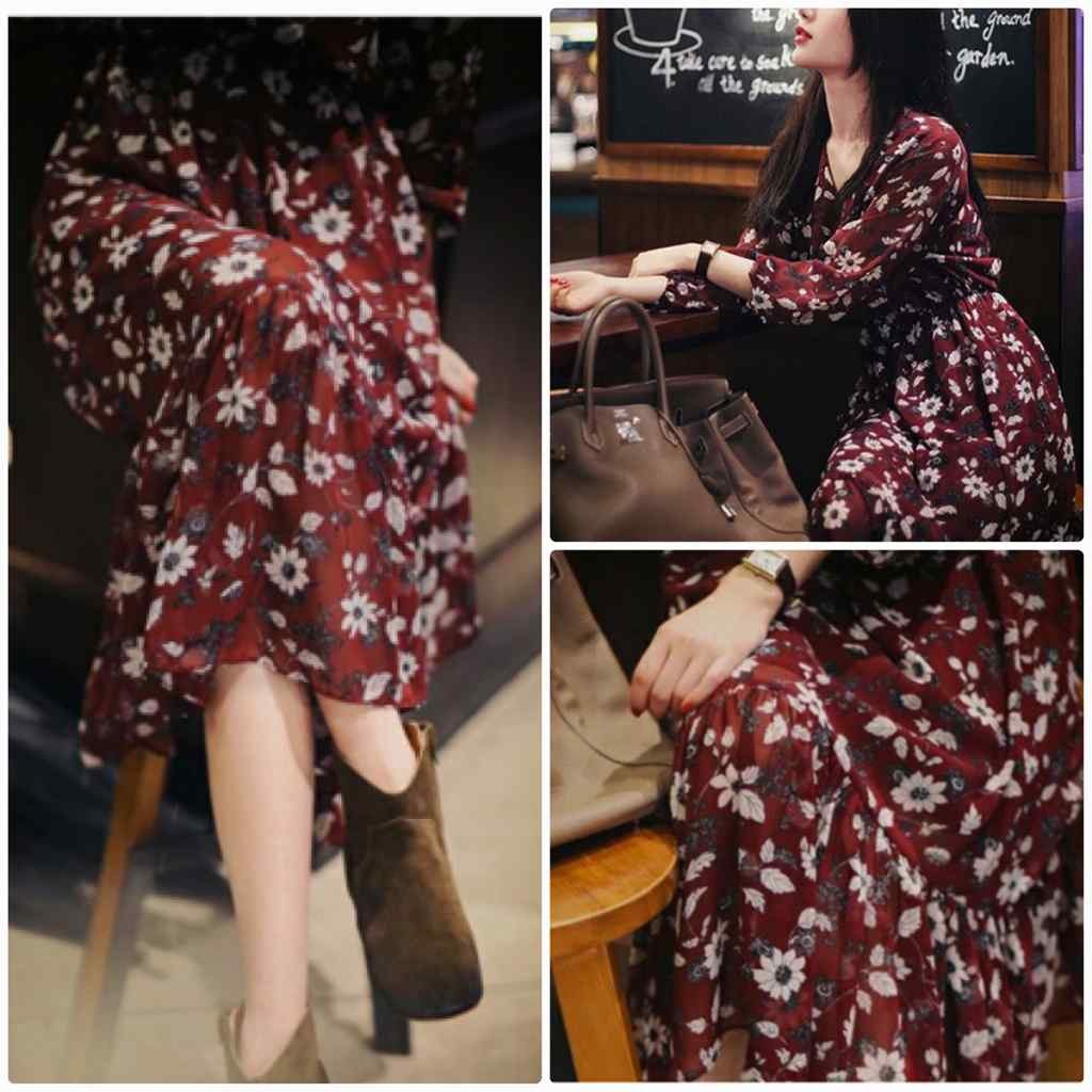 レディース　ミモレ丈　ワンピース　シフォン　花柄　フレア　カジュアル　キュート　可愛い　フェミニン　セクシー　きれいめ　上品　エレガント　おしゃれ　お出かけ　お呼ばれ　ワインレッド　赤色　S　M　L　XL　大きいサイズ　送料無料