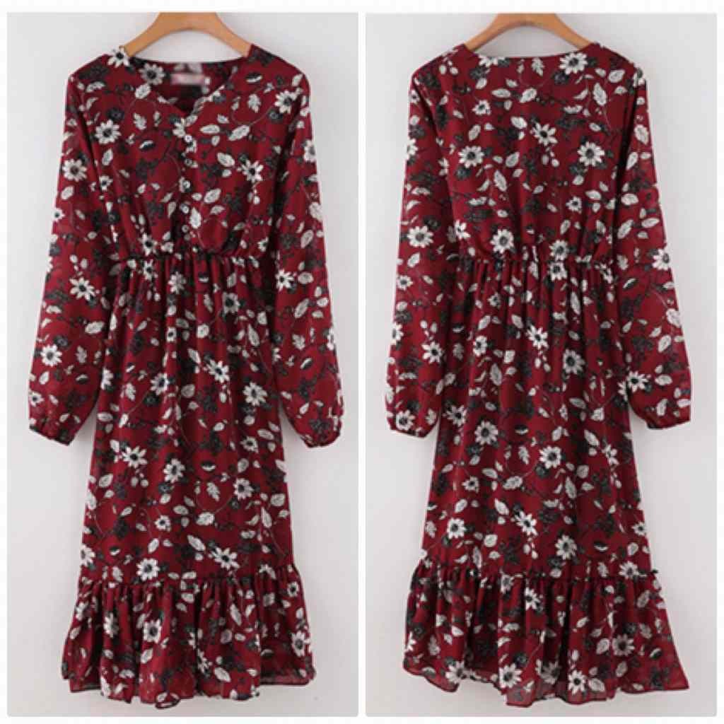レディース　ミモレ丈　ワンピース　シフォン　花柄　フレア　カジュアル　キュート　可愛い　フェミニン　セクシー　きれいめ　上品　エレガント　おしゃれ　お出かけ　お呼ばれ　ワインレッド　赤色　S　M　L　XL　大きいサイズ　送料無料