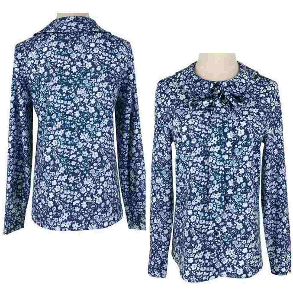 レディース　花柄　ブラウス　リボン　シャツ　長袖　ロングスリーブ　トップス　カジュアル　キュート　可愛い　フェミニン　エレガント　セクシー　おしゃれ　お出かけ　お呼ばれ　ブルー　青色　S　M　L　XL　サイズ　送料無料