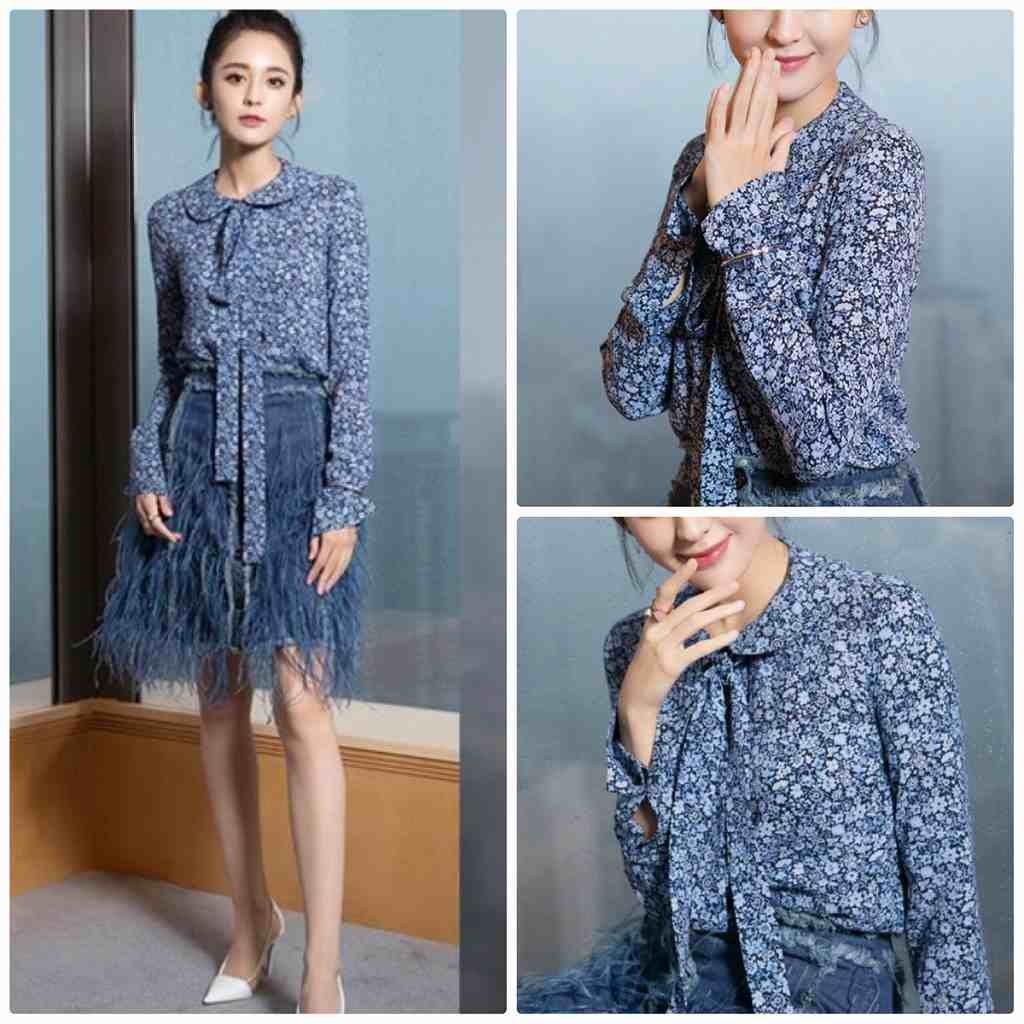 レディース　花柄　ブラウス　リボン　シャツ　長袖　ロングスリーブ　トップス　カジュアル　キュート　可愛い　フェミニン　エレガント　セクシー　おしゃれ　お出かけ　お呼ばれ　ブルー　青色　S　M　L　XL　サイズ　送料無料