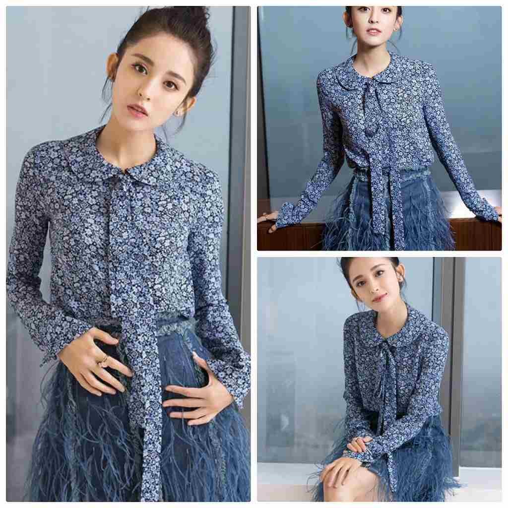 レディース　花柄　ブラウス　リボン　シャツ　長袖　ロングスリーブ　トップス　カジュアル　キュート　可愛い　フェミニン　エレガント　セクシー　おしゃれ　お出かけ　お呼ばれ　ブルー　青色　S　M　L　XL　サイズ　送料無料