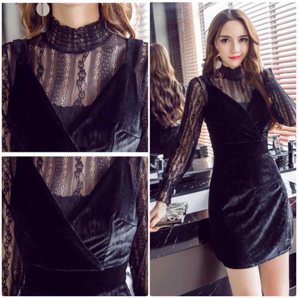 レディース　ミニ丈　ワンピース　ベルベット　レース　透け感　長袖　カジュアル　キュート　可愛い　フェミニン　セクシー　きれいめ　上品　エレガント　おしゃれ　お出かけ　お呼ばれ　ブラック　黒色　S　M　L　XL　サイズ　送料無料