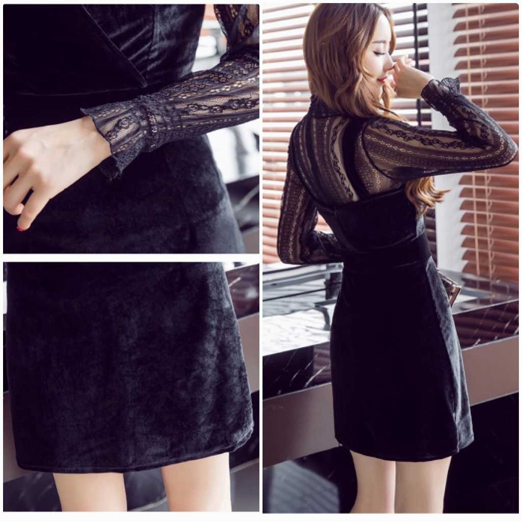 レディース　ミニ丈　ワンピース　ベルベット　レース　透け感　長袖　カジュアル　キュート　可愛い　フェミニン　セクシー　きれいめ　上品　エレガント　おしゃれ　お出かけ　お呼ばれ　ブラック　黒色　S　M　L　XL　サイズ　送料無料
