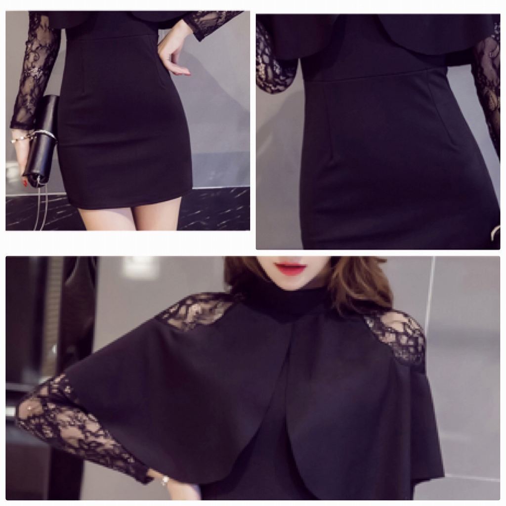 レディース　ミニ丈　ワンピース　レース　透け感　長袖　マント　カジュアル　キュート　可愛い　フェミニン　セクシー　きれいめ　上品　エレガント　おしゃれ　お出かけ　お呼ばれ　ブラック　黒色　S　M　L　XL　2XL　大きいサイズ　送料無料