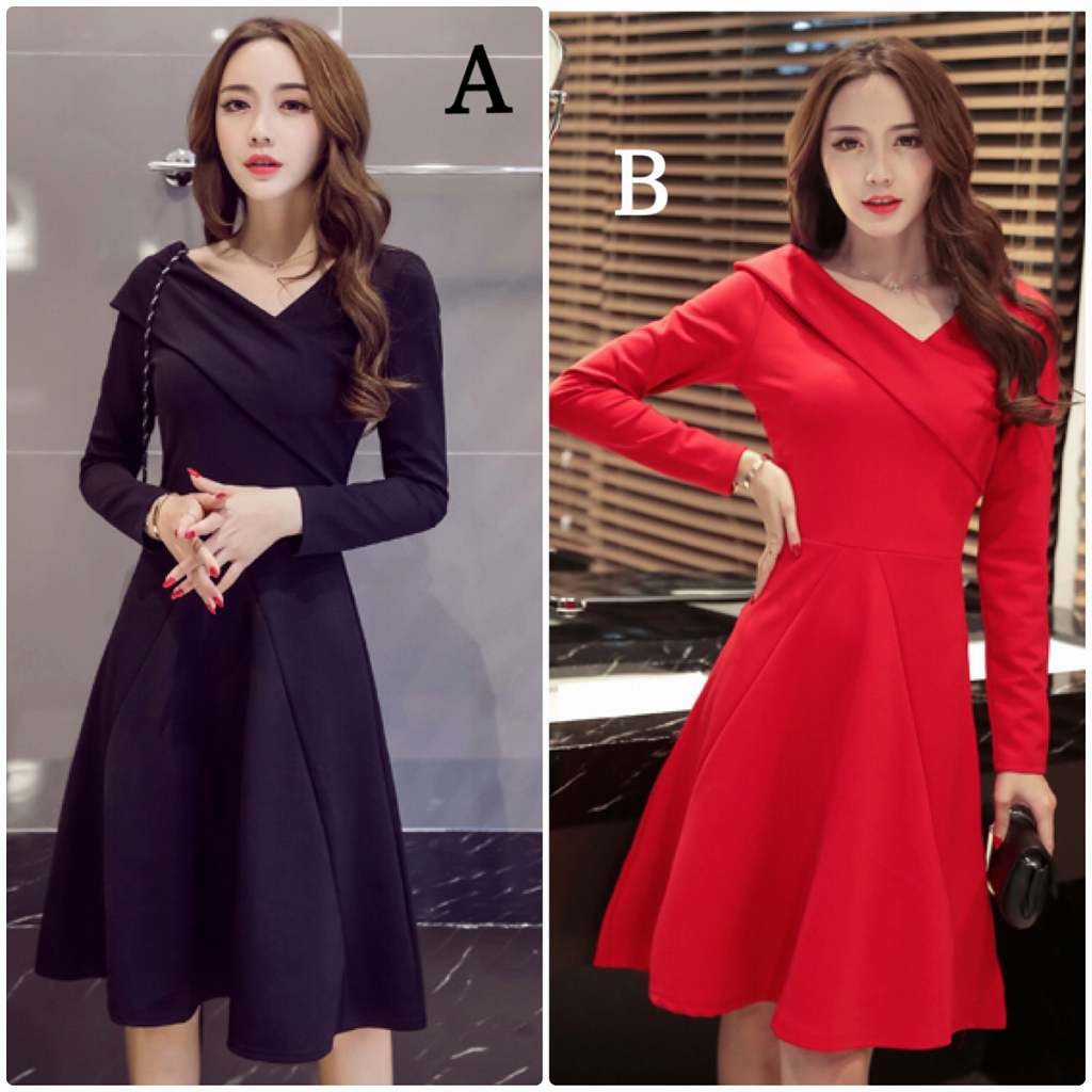 レディース　イブニングドレス　ワンピース　Vネック　長袖　フレア　セクシー　きれいめ　エレガント　清楚　上品　お嬢様　おしゃれ　結婚式　二次会　パーティー　発表会　ブラック　レッド　赤色　黒　S　M　L　XL　2XL　大きいサイズ　送料無料
