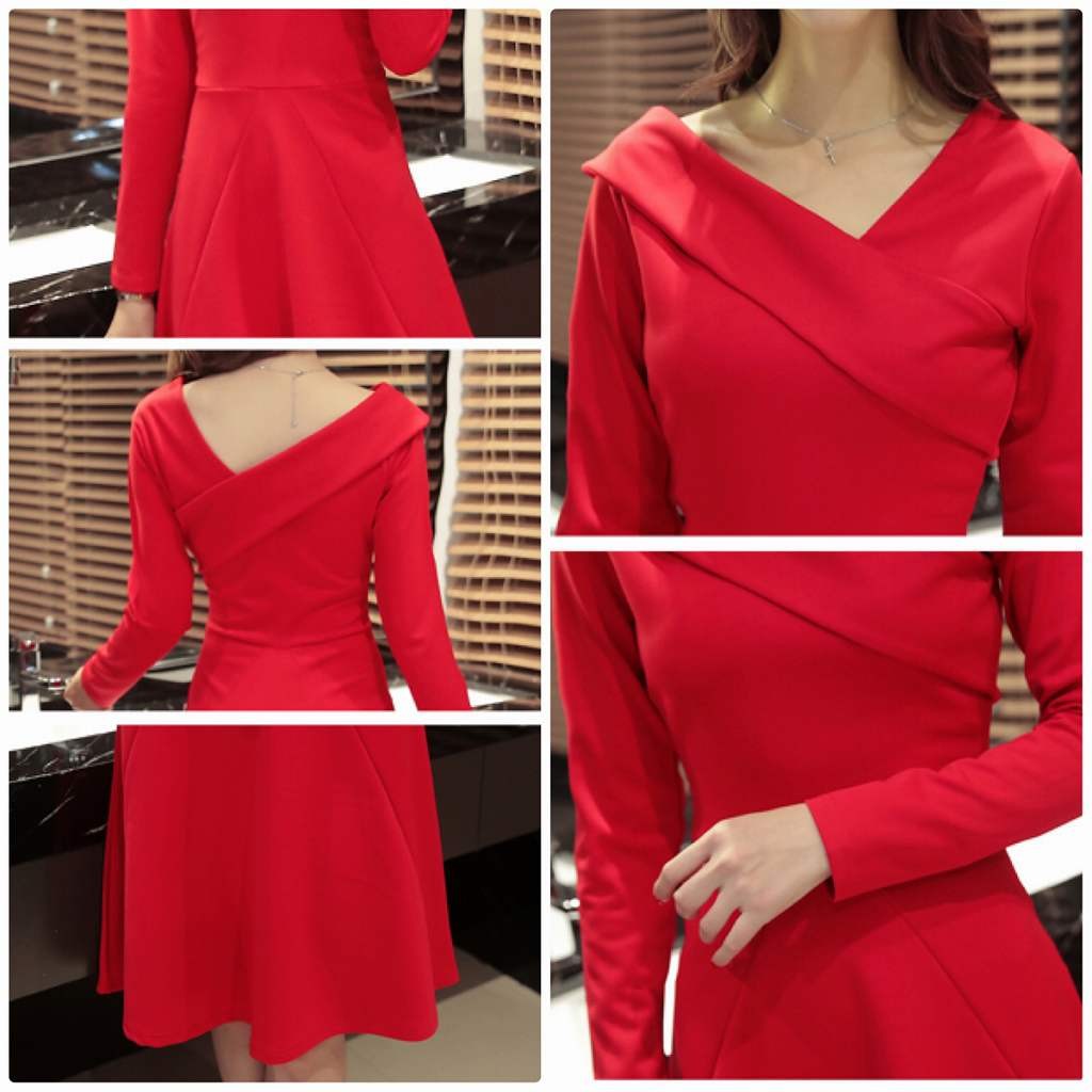 レディース　イブニングドレス　ワンピース　Vネック　長袖　フレア　セクシー　きれいめ　エレガント　清楚　上品　お嬢様　おしゃれ　結婚式　二次会　パーティー　発表会　ブラック　レッド　赤色　黒　S　M　L　XL　2XL　大きいサイズ　送料無料