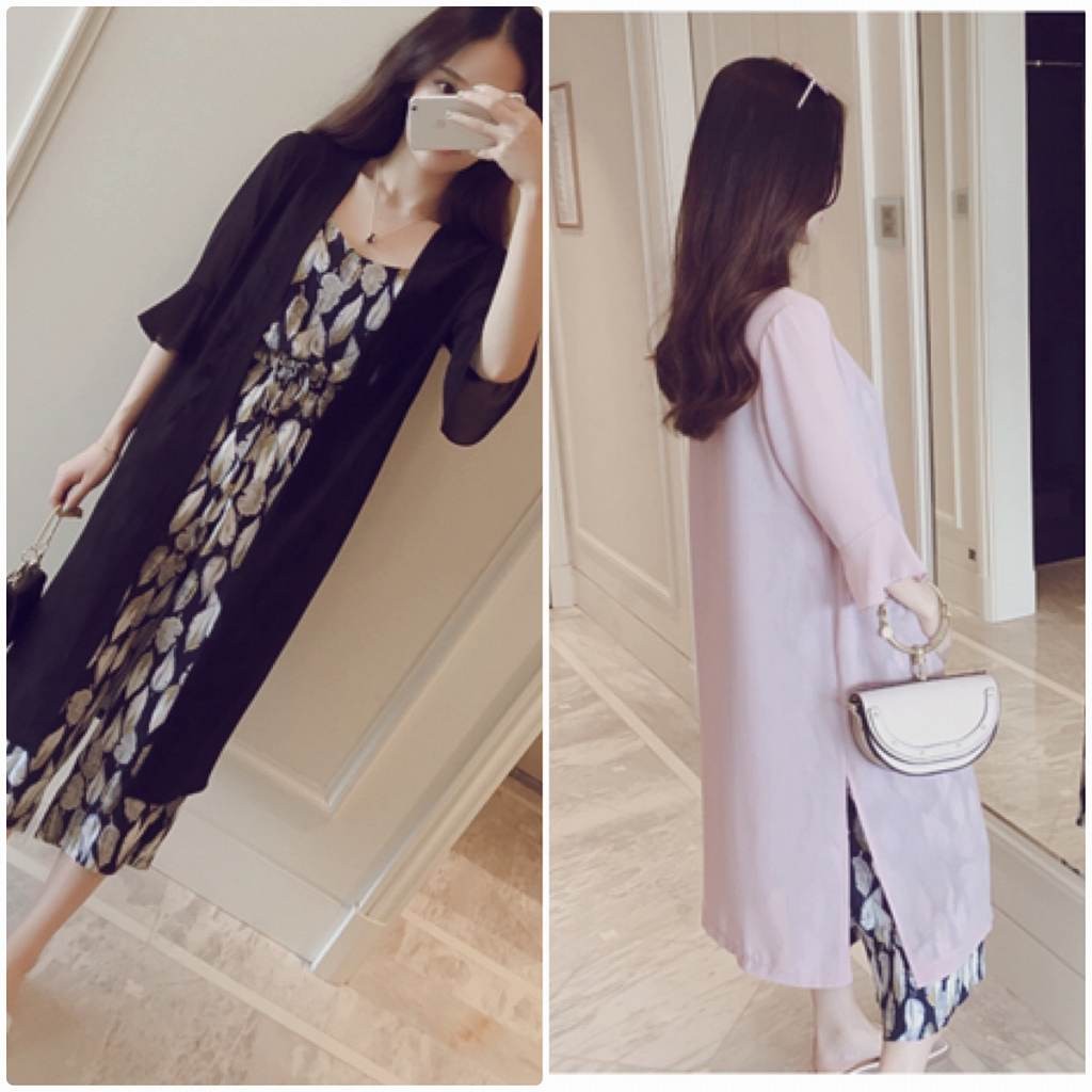 レディース　シフォン　フレアスリーブ　五分袖　ロング丈　トップス　アウター　カジュアル　フェミニン　セクシー　きれいめ　エレガント　セクシー　おしゃれ　お出かけ　お呼ばれ　ブラック　ホワイト　ピンク　黒色　L　XL　2XL　3XL　4XL　大きいサイズ　送料無料