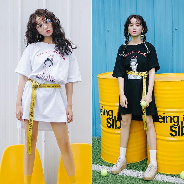 レディース　Tシャツ　ワンピース　ロング丈　ラウンドネック　ベルト　プリント　半袖　ショートスリーブ　トップス　カジュアル　キュート　可愛い　フェミニン　おしゃれ　お出かけ　お呼ばれ　ブラック　ホワイト　黒　白色　フリーサイズ　ワンサイズ　送料無料