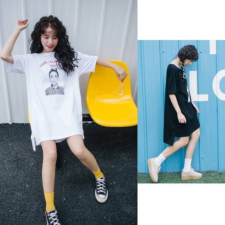レディース　Tシャツ　ワンピース　ロング丈　ラウンドネック　ベルト　プリント　半袖　ショートスリーブ　トップス　カジュアル　キュート　可愛い　フェミニン　おしゃれ　お出かけ　お呼ばれ　ブラック　ホワイト　黒　白色　フリーサイズ　ワンサイズ　送料無料
