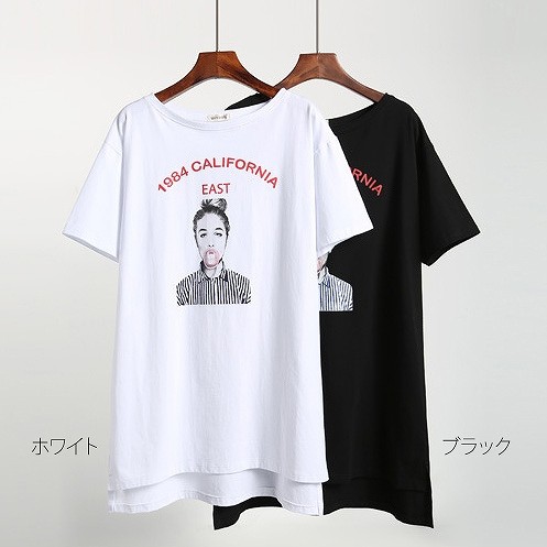 レディース　Tシャツ　ワンピース　ロング丈　ラウンドネック　ベルト　プリント　半袖　ショートスリーブ　トップス　カジュアル　キュート　可愛い　フェミニン　おしゃれ　お出かけ　お呼ばれ　ブラック　ホワイト　黒　白色　フリーサイズ　ワンサイズ　送料無料