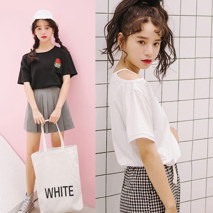 レディース　Tシャツ　ショルダーカット　薔薇　刺繍　半袖　ラウンドネック　トップス　カジュアル　キュート　可愛い　フェミニン　エレガント　セクシー　おしゃれ　お出かけ　お呼ばれ　ピンク　ブラック　ホワイト　白色　黒　S　M　L　XL　サイズ　送料無料