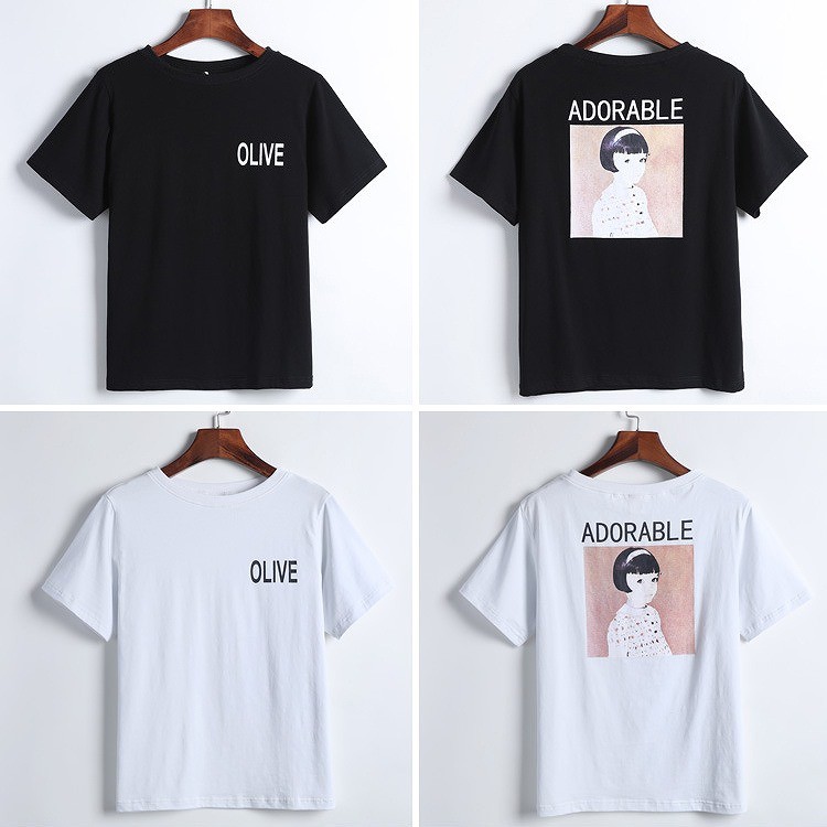 レディース　Tシャツ　半袖　ラウンドネック　プリント　ショートスリーブ　トップス　カジュアル　キュート　可愛い　フェミニン　エレガント　セクシー　おしゃれ　お出かけ　お呼ばれ　ホワイト　ブラック　黒色　白　S　M　L　XL　サイズ　送料無料