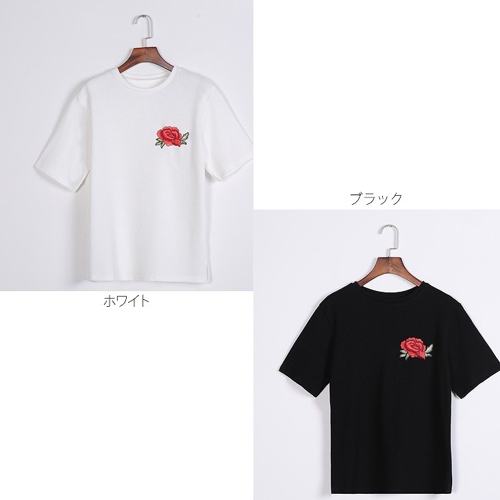 レディース　Tシャツ　薔薇　刺繍　半袖　ラウンドネック　ショートスリーブ　トップス　カジュアル　キュート　可愛い　フェミニン　エレガント　セクシー　おしゃれ　お出かけ　お呼ばれ　ホワイト　ブラック　白　黒色　S　M　L　XL　サイズ　送料無料