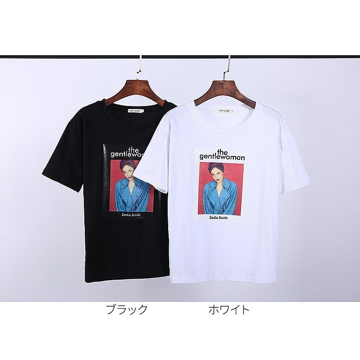 レディース　Tシャツ　プリント　半袖　クルーネック　ショートスリーブ　トップス　カジュアル　キュート　可愛い　フェミニン　エレガント　セクシー　おしゃれ　お出かけ　お呼ばれ　ブラック　ホワイト　黒　白色　S　M　L　XL　サイズ　送料無料