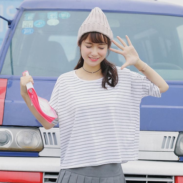 レディース　Tシャツ　プリント　ボーダー　半袖　ラウンドネック　ショートスリーブ　トップス　カジュアル　キュート　可愛い　フェミニン　エレガント　セクシー　おしゃれ　お出かけ　お呼ばれ　グレー　ネイビー　灰色　紺　フリーサイズ　ワンサイズ　送料無料