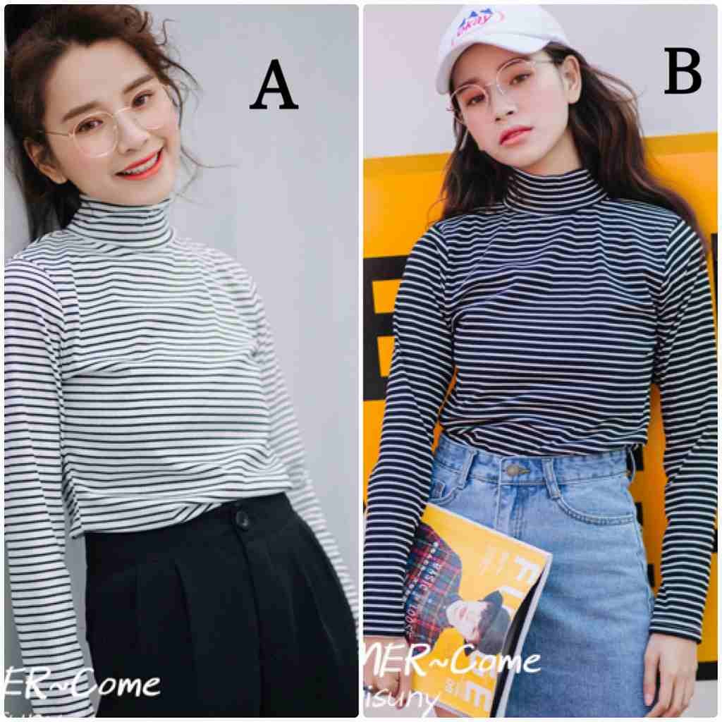 レディース　トップス　Tシャツ　長袖　ストライプ　ボーダー　ハイネック　綿　コットン　シンプル　ゆったり　おしゃれ　カジュアル　大人可愛い　フェミニン　デート　お出かけ　普段着　ブラック　ホワイト　送料無料
