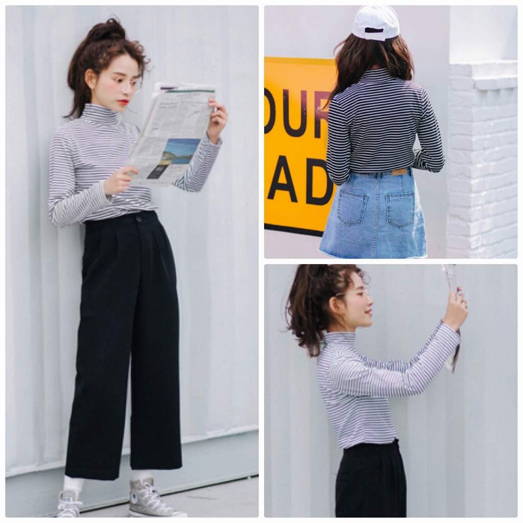 レディース　トップス　Tシャツ　長袖　ストライプ　ボーダー　ハイネック　綿　コットン　シンプル　ゆったり　おしゃれ　カジュアル　大人可愛い　フェミニン　デート　お出かけ　普段着　ブラック　ホワイト　送料無料
