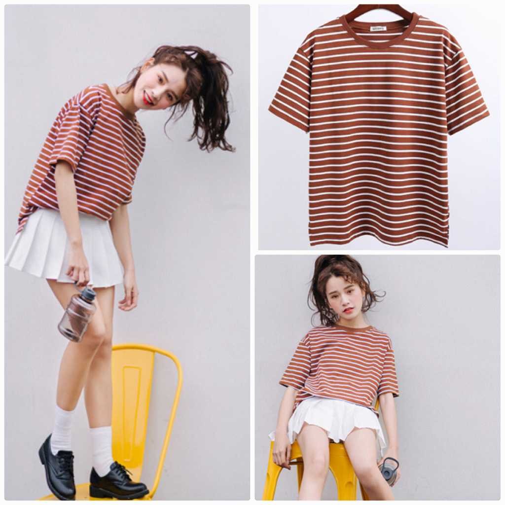 レディース　トップス　Tシャツ　半袖　ボーダー　綿　コットン　シンプル　ゆったり　おしゃれ　カジュアル　大人可愛い　フェミニン　デート　お出かけ　普段着　ブラック　黒　ブラウン　フリーサイズ　送料無料