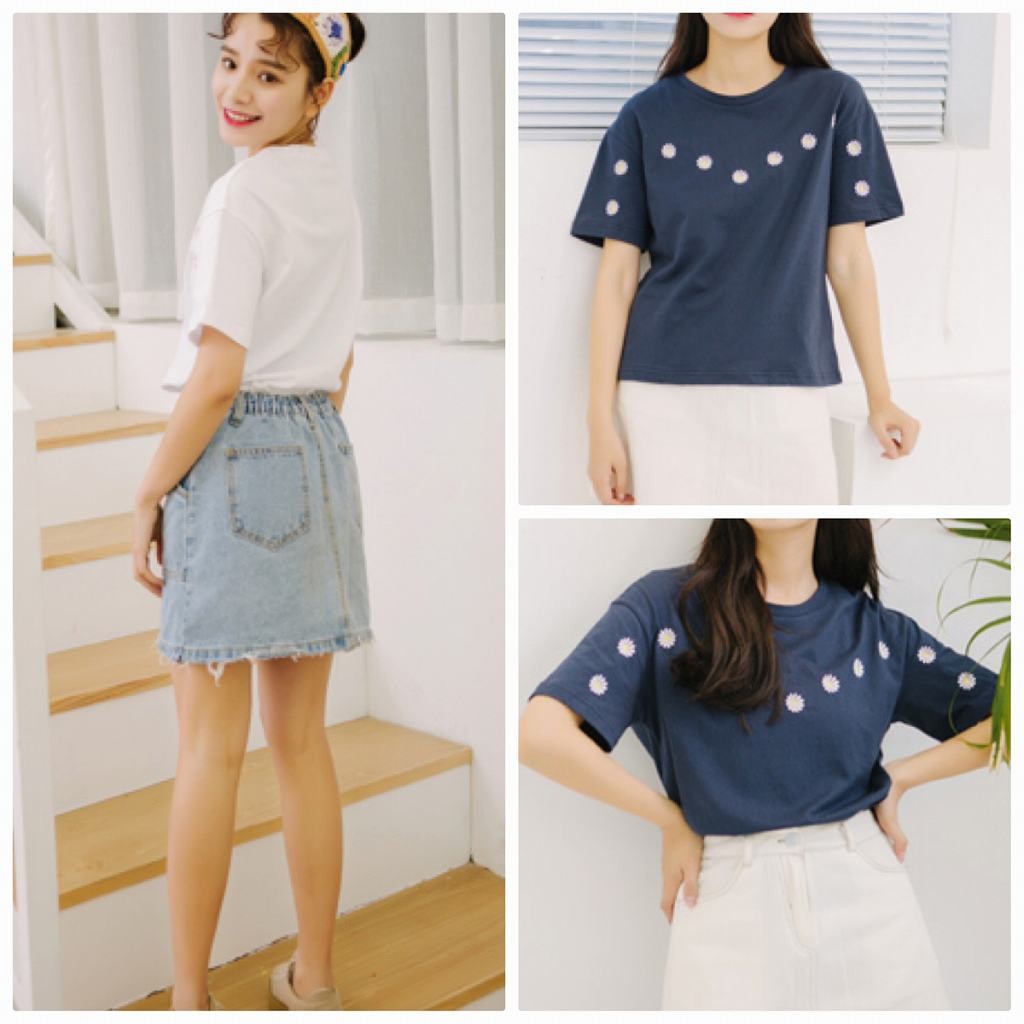 レディース　トップス　Tシャツ　半袖　花柄　刺繍　綿　コットン　シンプル　ゆったり　おしゃれ　カジュアル　大人可愛い　フェミニン　デート　お出かけ　普段着　ホワイト　白　ネイビー　紺　送料無料